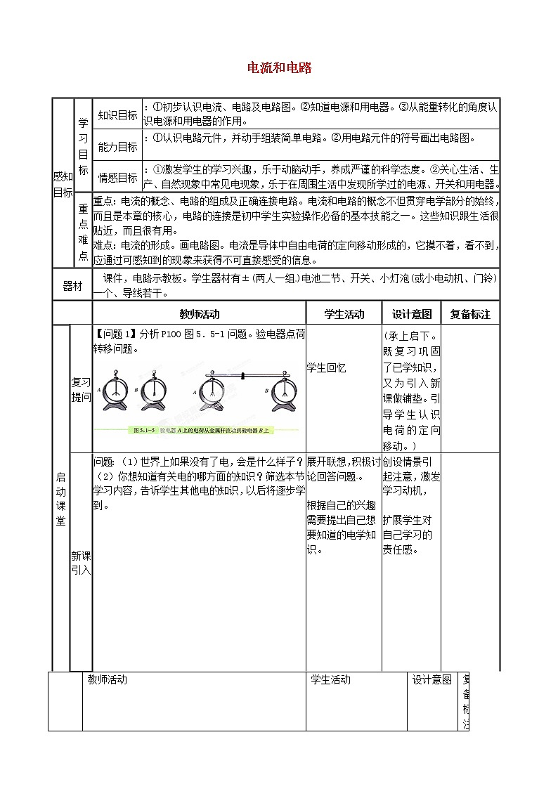 2021年初中物理人教版九年级全一册 第十五章 15.2 电流和电路 教案第1页