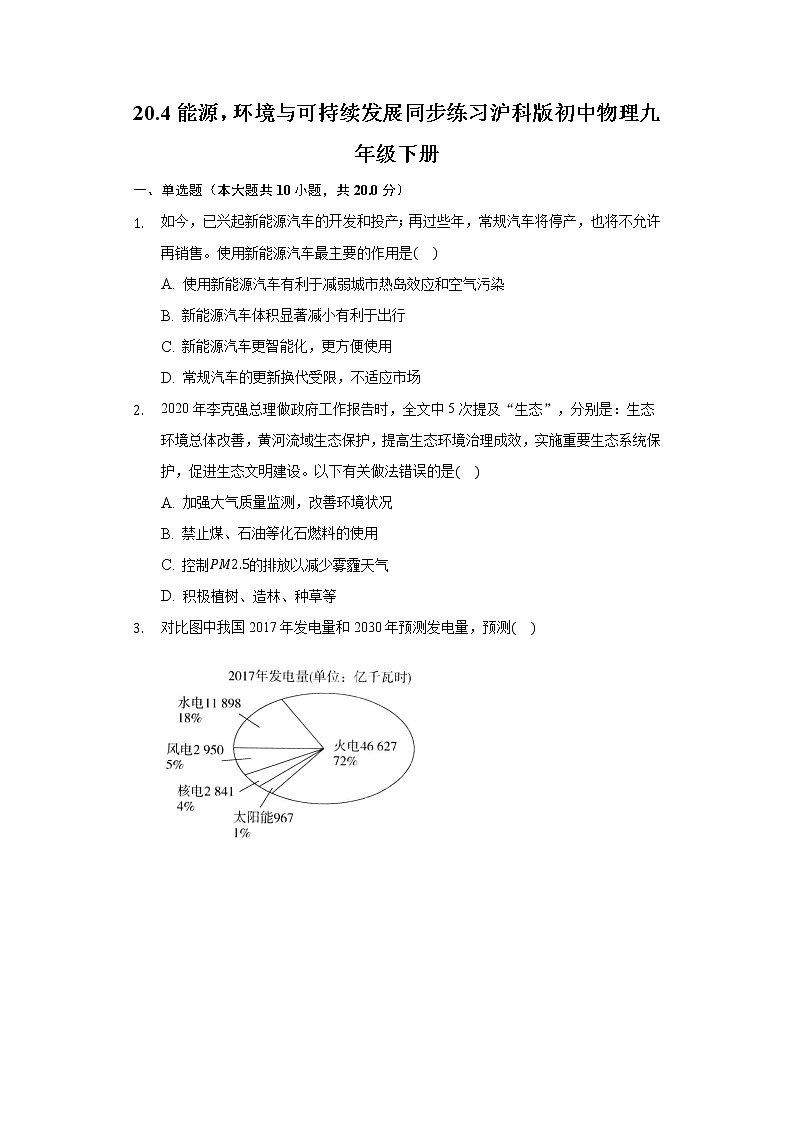 20.4能源，环境与可持续发展同步练习沪科版初中物理九年级下册第1页