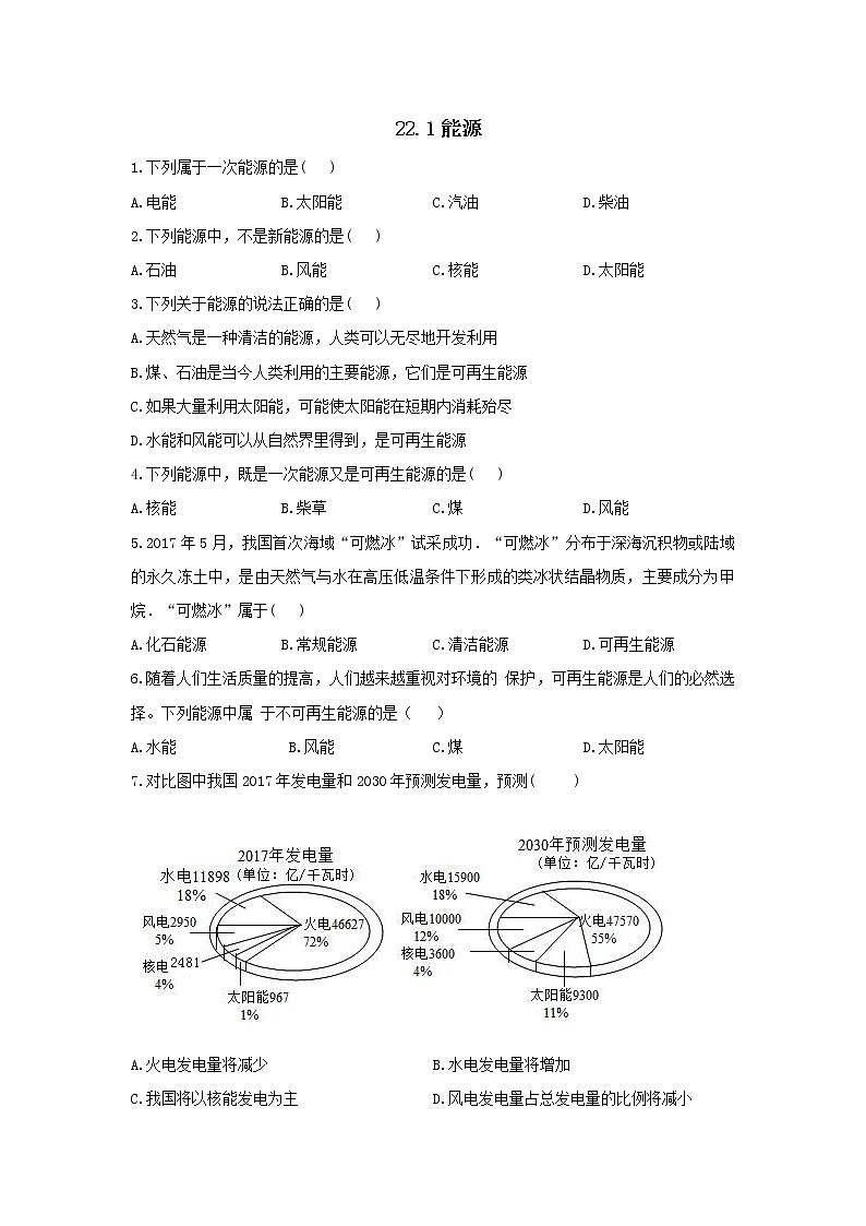 2020_2021学年初中物理人教版九年级全一册 第二十二章 能源与可持续发展22.1能源练习第1页