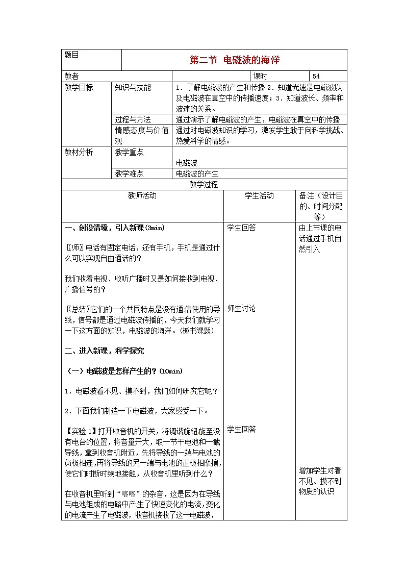 2021年初中物理人教版九年级全一册 第二十一章 21.2 电磁波的海洋 教案01