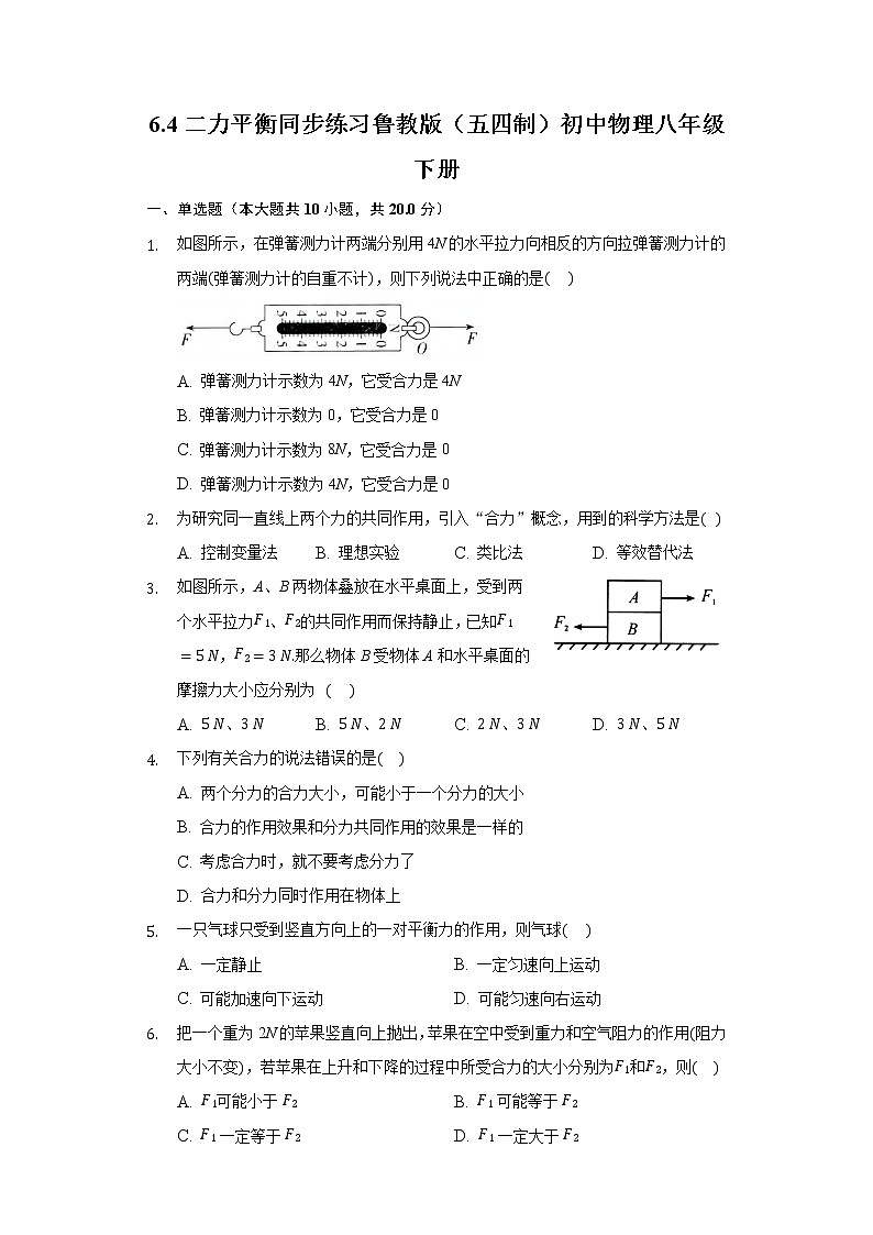鲁教版（五四制）初中物理八年级下册6.4二力平衡同步练习01