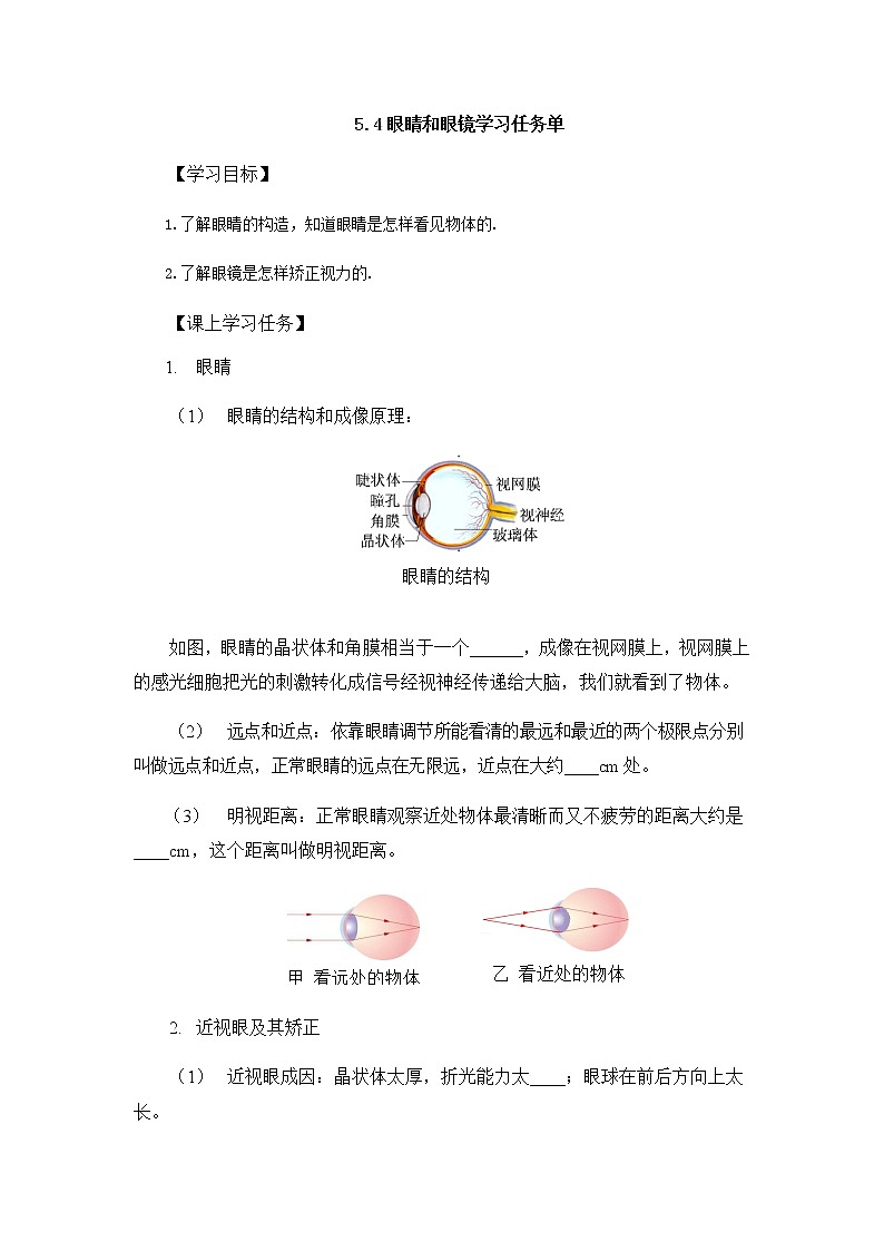 5.4眼睛和眼镜学习任务单 人教版物理八年级上册学案01