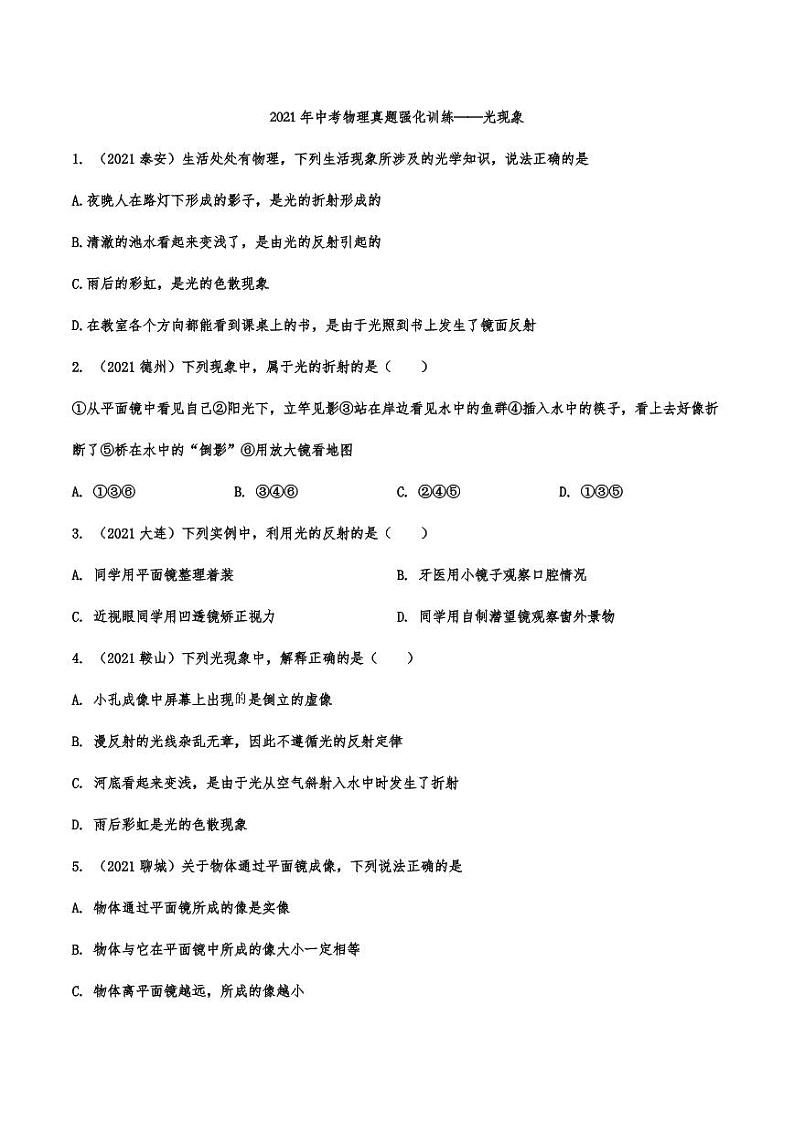 2021年中考物理真题强化训练：光现象专项复习解析版01