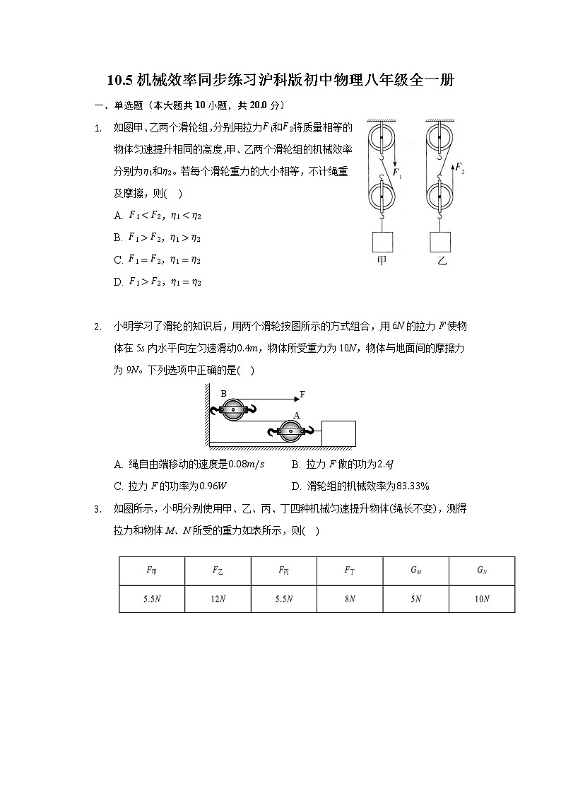 10.5机械效率 同步练习 沪科版初中物理八年级全一册01