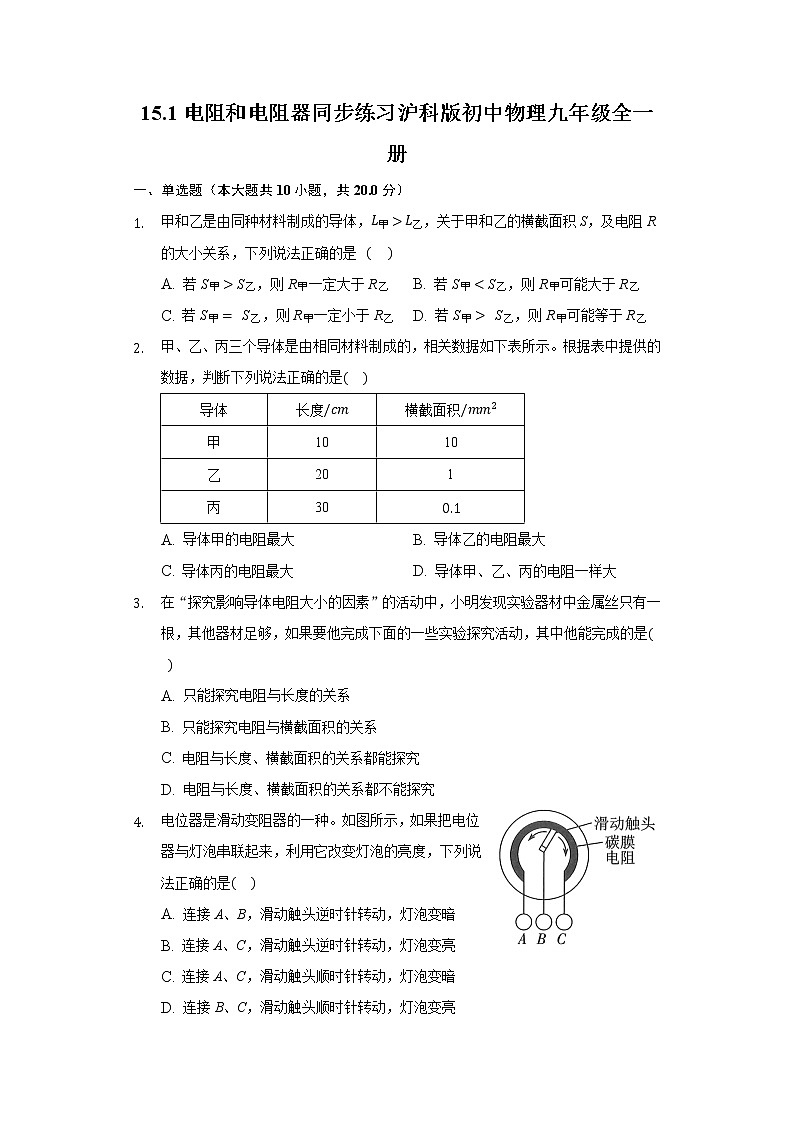 15.1电阻和电阻器同步练习 沪科版初中物理九年级全一册01