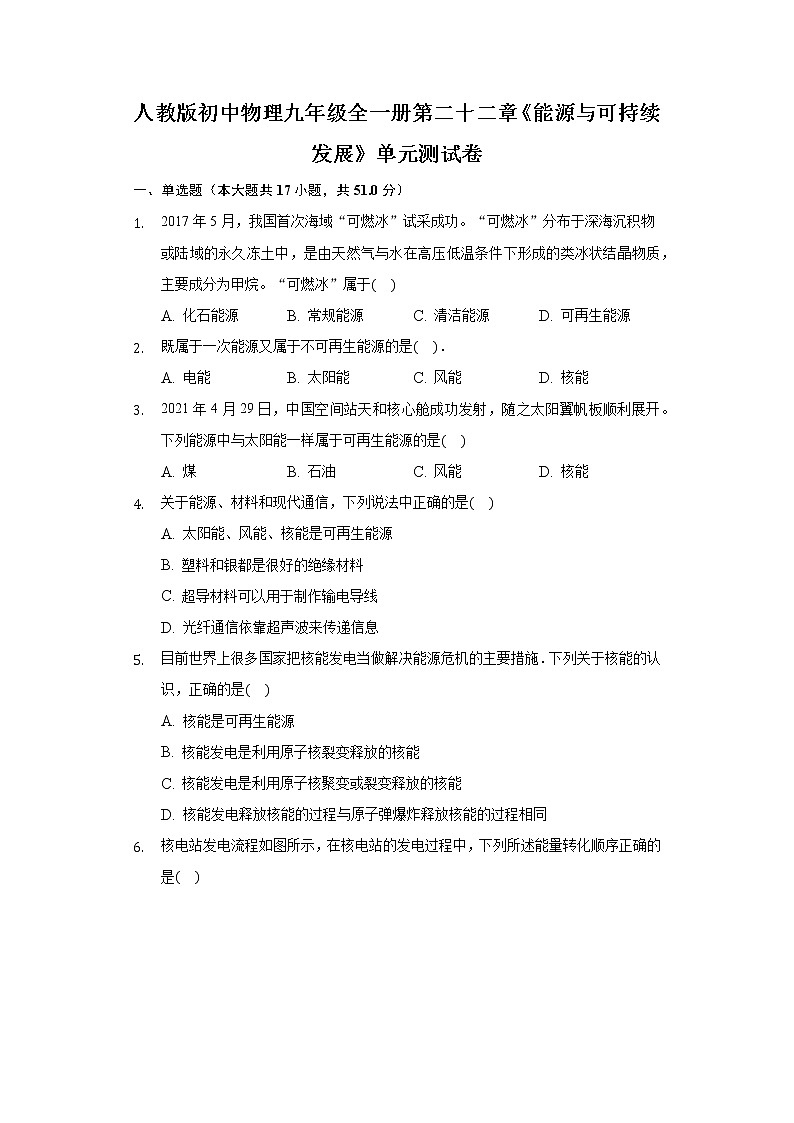 人教版初中物理九年级全一册第二十二章《能源与可持续发展》单元测试卷01