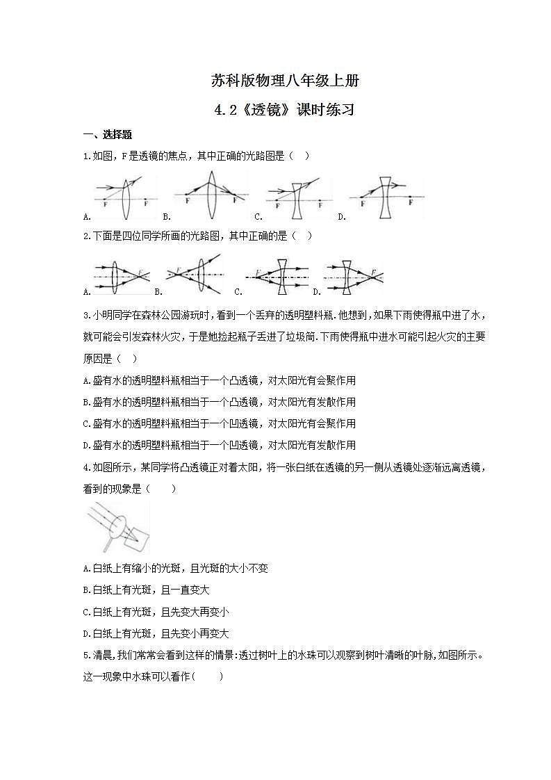 2021年苏科版物理八年级上册4.2《透镜》课时练习（含答案）第1页