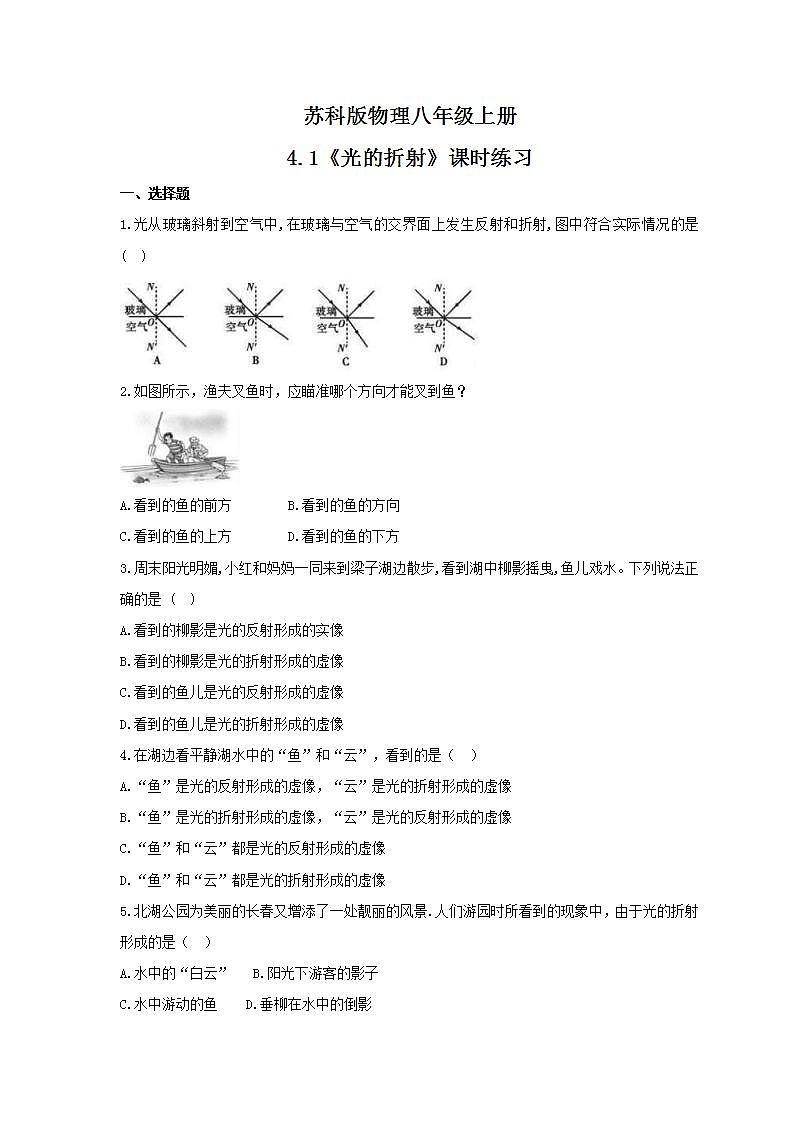 2021年苏科版物理八年级上册4.1《光的折射》课时练习（含答案）第1页