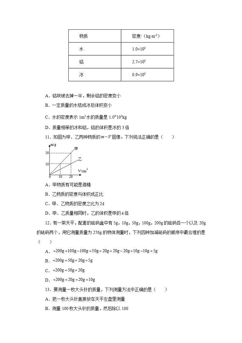 第六章质量与密度单元测试卷2021—2022学年人教版八年级物理上册(word版含答案)第3页