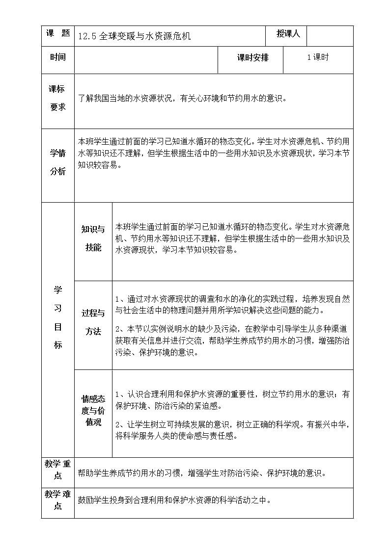 沪科版九年级全册 物理 教案 12.5全球变暖与水资源危机01