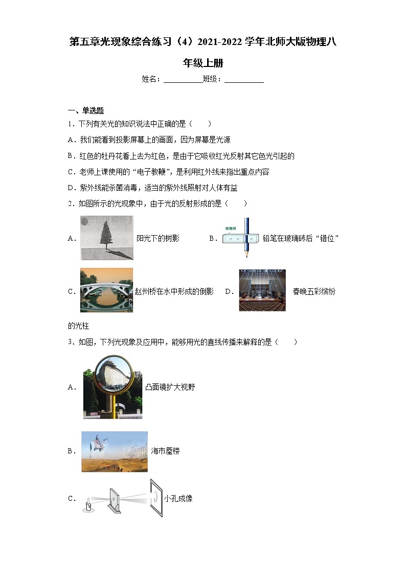 第五章光现象综合练习（4）2021-2022学年北师大版物理八年级上册第1页