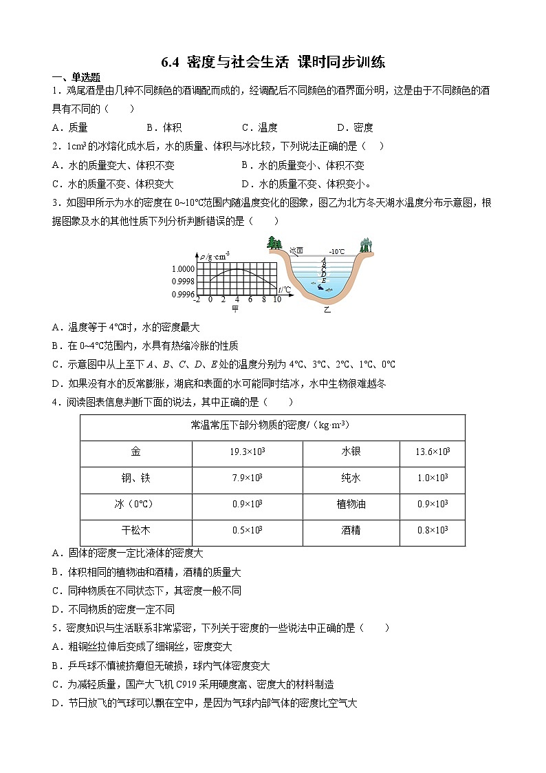 6.4 密度与社会生活 课时同步训练— 2021-2022学年八年级物理上册人教版（word版含答案）第1页