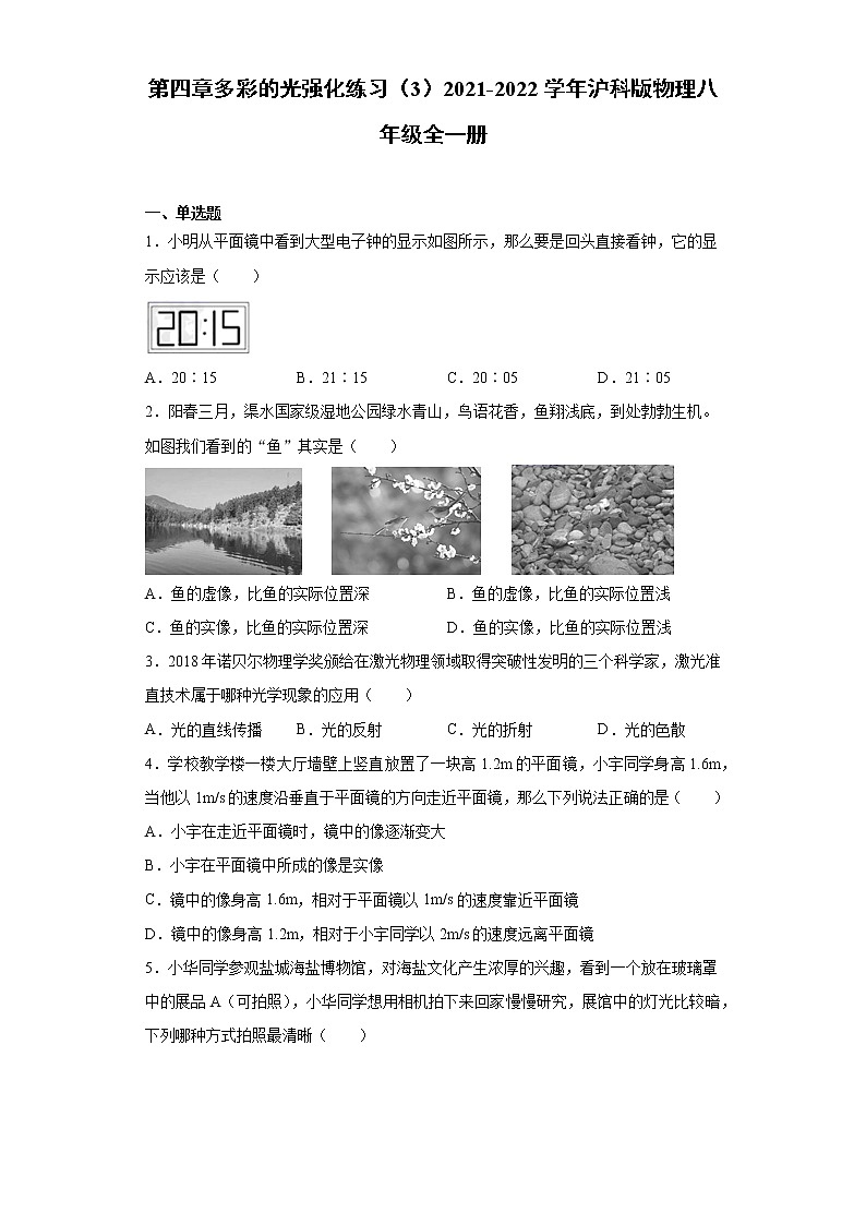 第四章多彩的光强化练习（3）2021-2022学年沪科版物理八年级全一册第1页