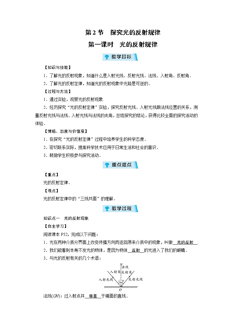 2021-2022学年度沪粤版八年级物理上册教案 第3章 第2节 探究光的反射规律 第1课时第1页