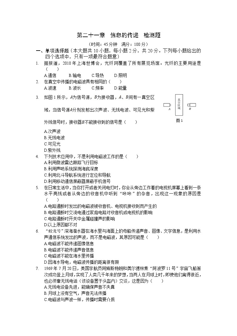 九年级物理(下)(人教版)第二十一章信息的传递检测题(精校带答案)01