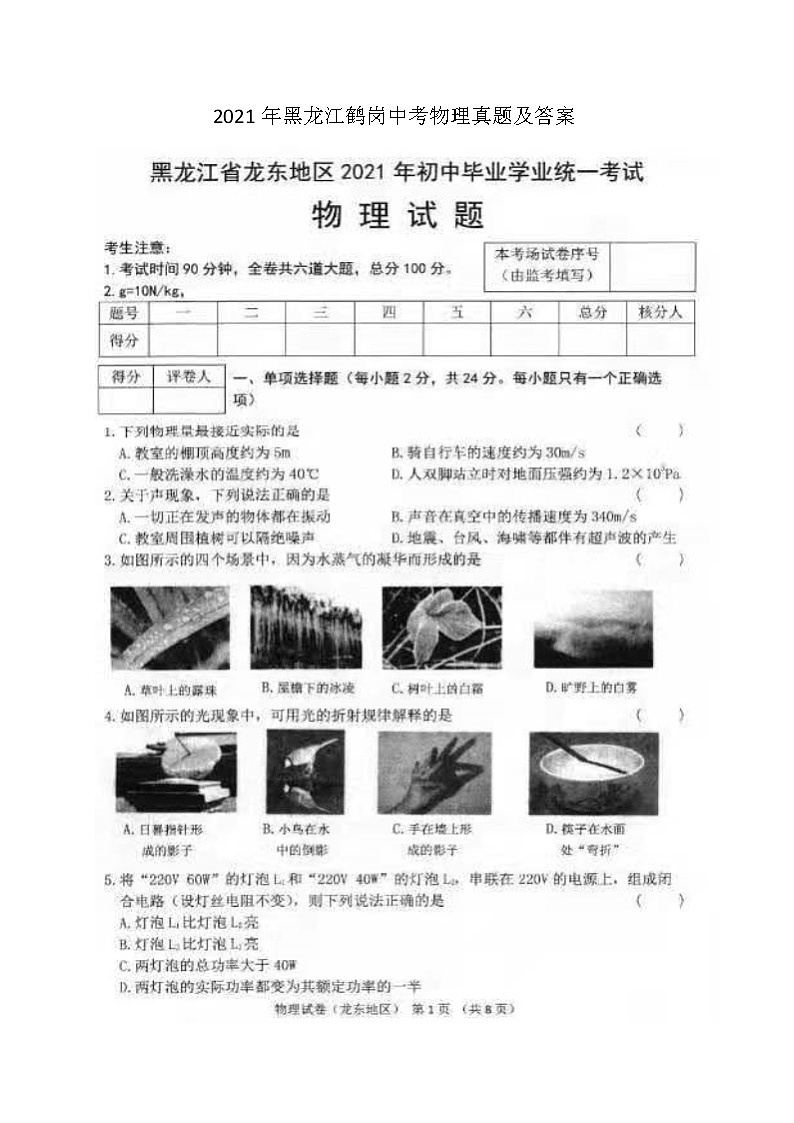 2021年黑龙江鹤岗中考物理真题及答案第1页