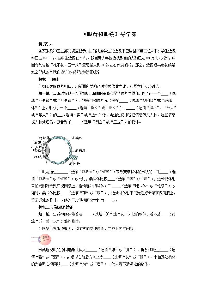 5.4 眼睛和眼镜学案  学年人教版物理八年级01