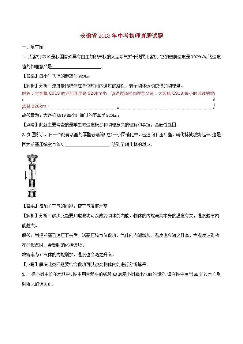 【中考真题】2018年中考物理真题 安徽省（含解析）第1页