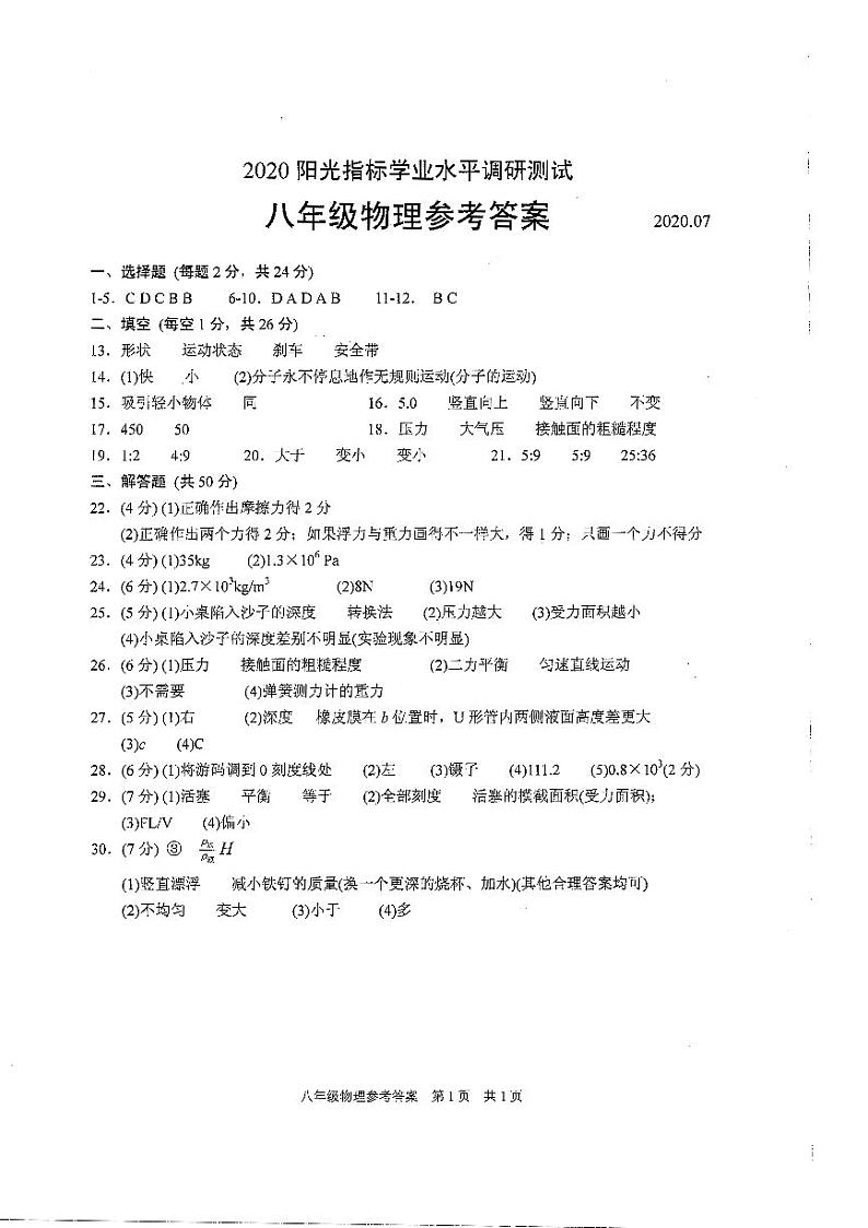 苏州市相城区2019~2020学年第二学期八年级物理阳光指标学业水平调研测试 参考答案第1页