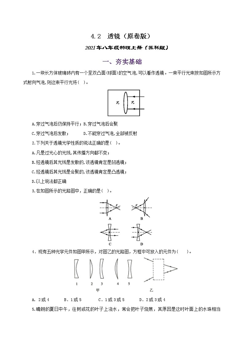 4.2  透镜（练习）（原卷版）-2021年八年级上册（苏科版）第1页