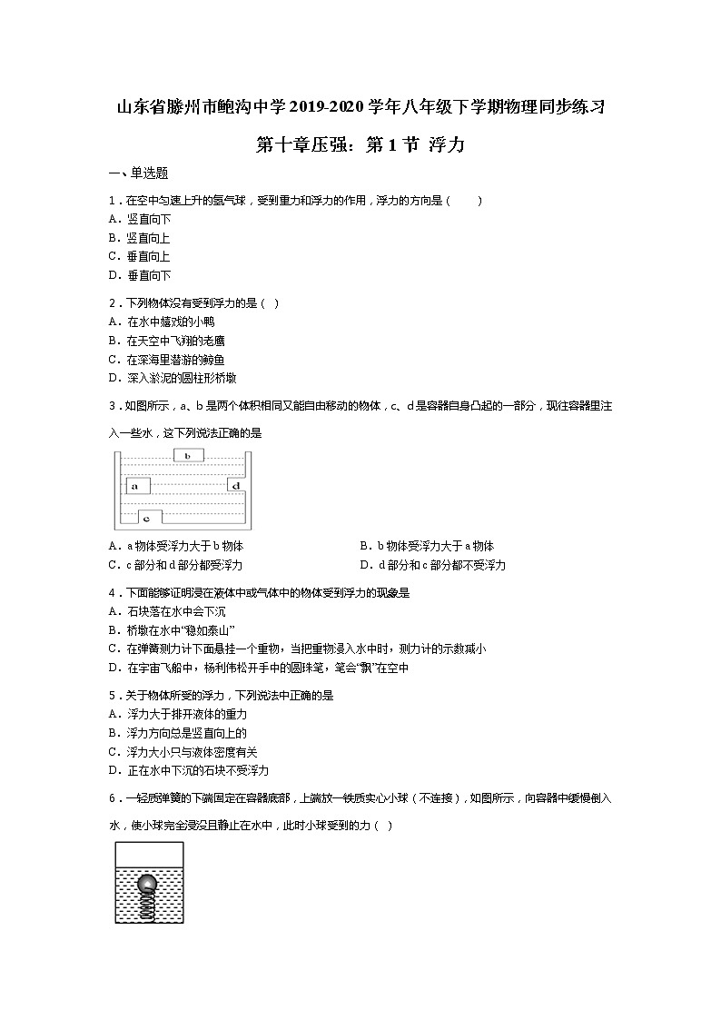 山东省滕州市鲍沟中学2019-2020学年八年级下学期物理同步练习第十章浮力：第1节 浮力（无答案）第1页