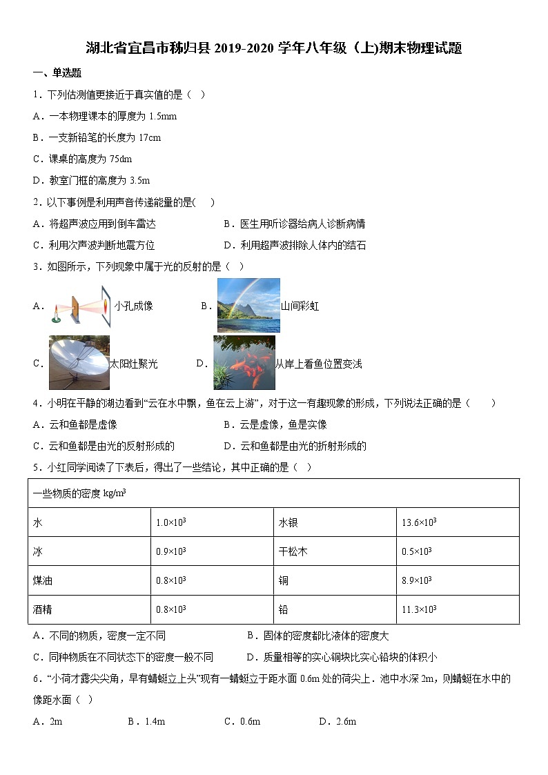 2019-2020学年八年级上学期湖北省宜昌市秭归县期末物理试题（原卷+解析卷）01