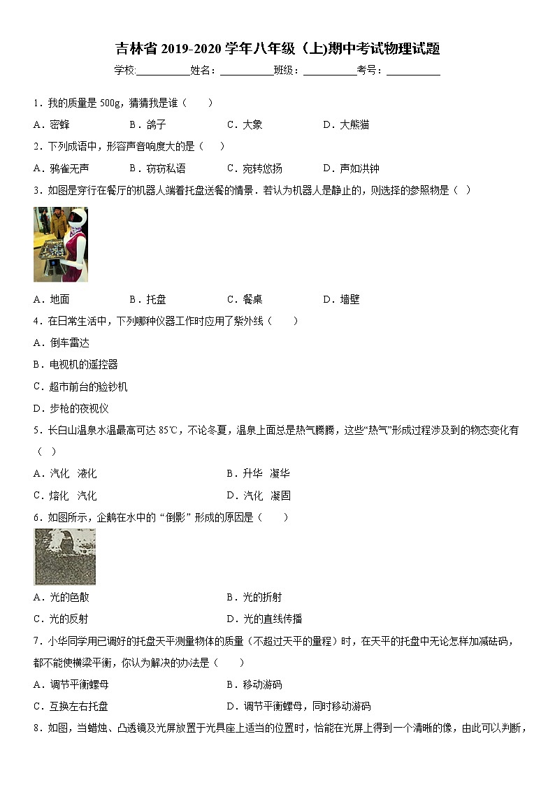 2019-2020学年八年级上学期吉林省期中考试物理试题（原卷+解析卷）01