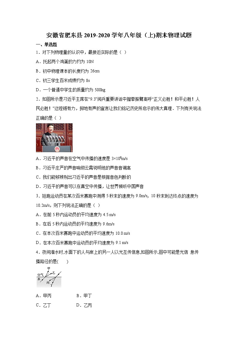 2019-2020学年八年级上学期安徽省肥东县期末物理试题（原卷+解析卷）01