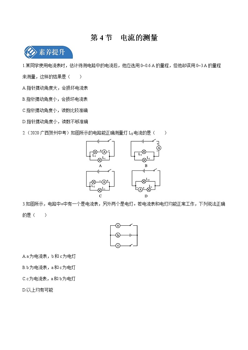 第十五章 第4节　电流的测量 课时练习 初中物理人教版九年级全一册（2021年）第1页