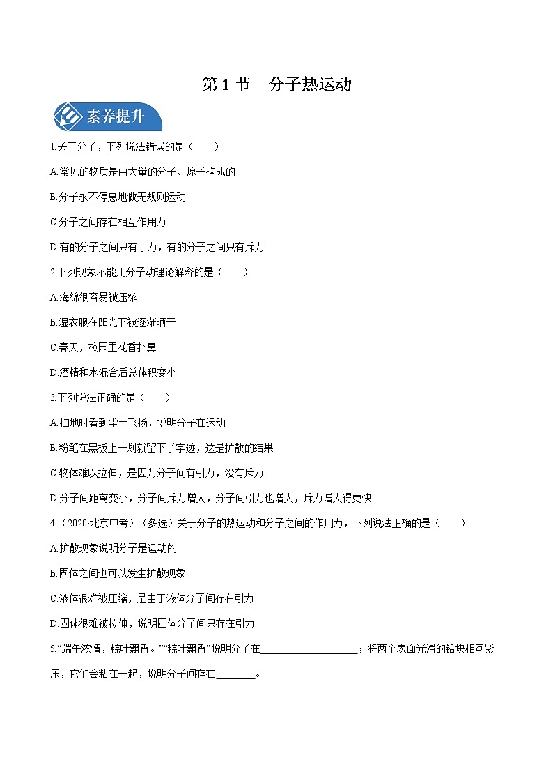 第十三章 第1节　分子热运动 课时练习 初中物理人教版九年级全一册（2021年）01