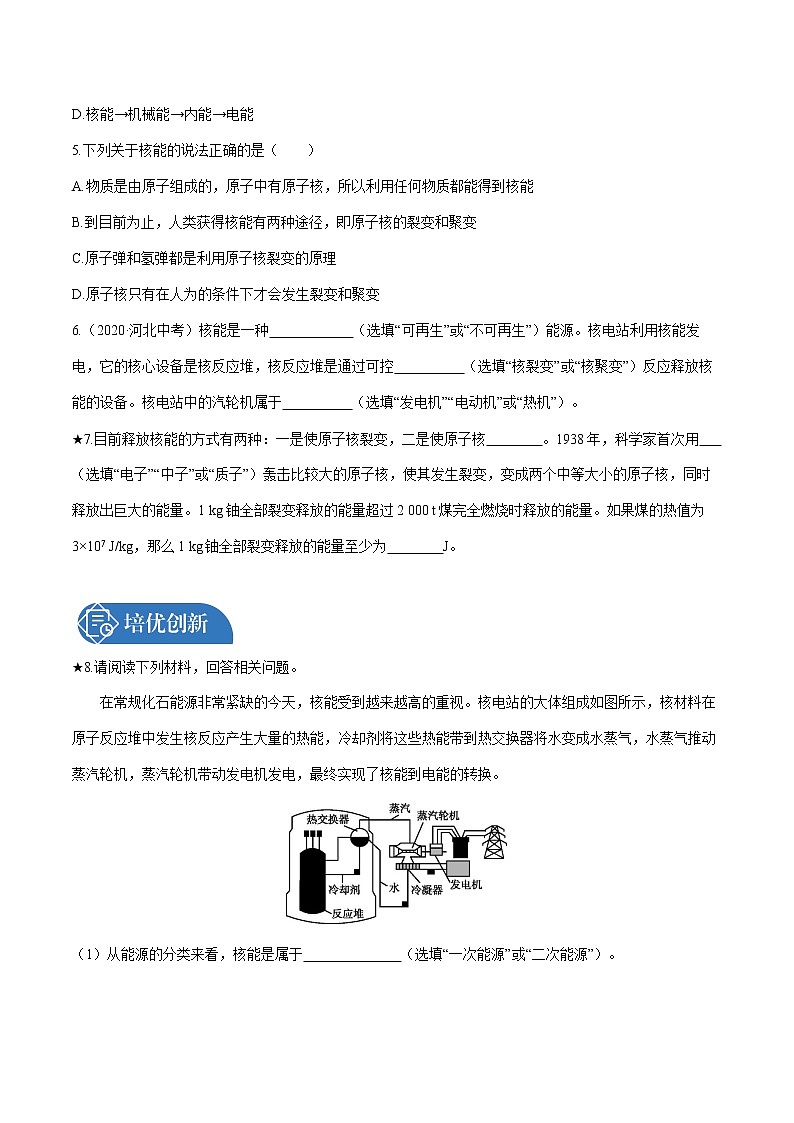 第二十二章 第2节　核能 课时练习 初中物理人教版九年级全一册（2021年）第2页