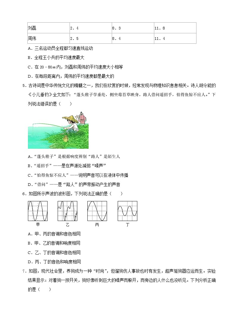 湖北省武汉市江汉区2021~2022学年上学期期中检测八年级物理【试卷+答案】（含答案）02