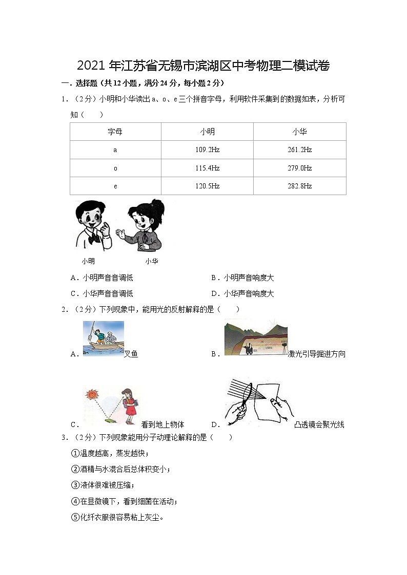2021年江苏省无锡市滨湖区中考物理二模试卷01