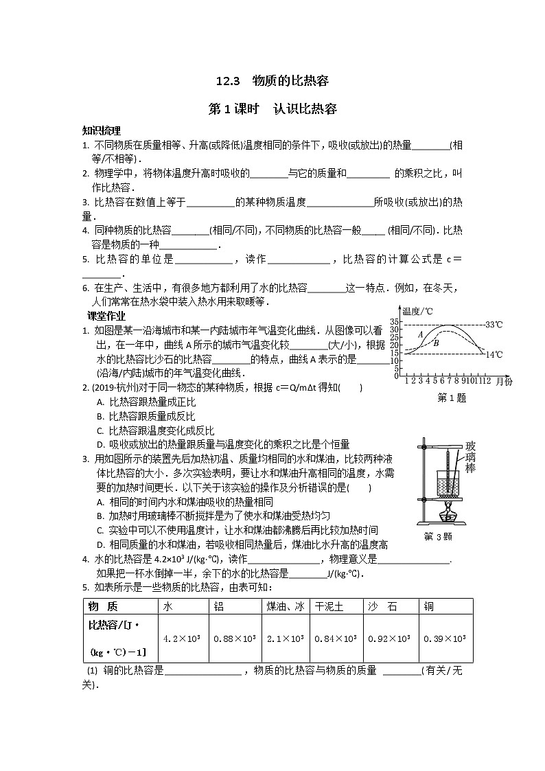 苏科物理九年级上册课时训练12.3  物质的比热容 第课时 认识比热容第1页