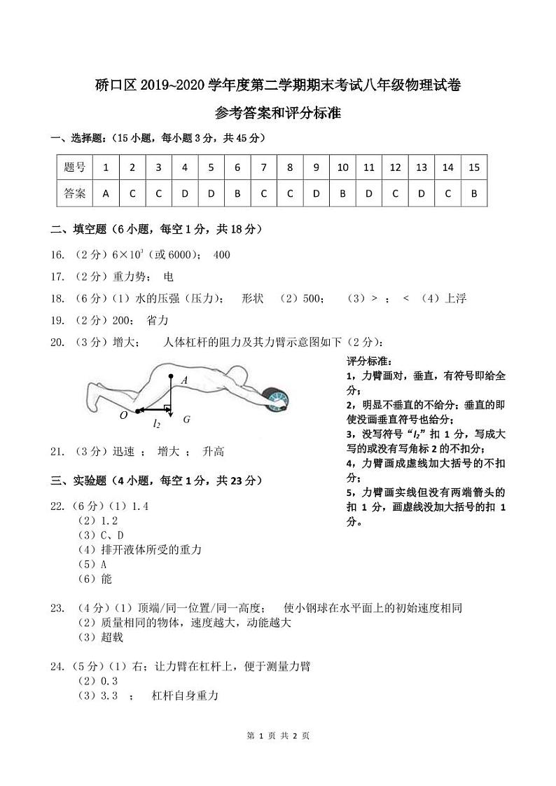 硚口（经开）区2010-2020学年下学期期末考试八年级物理参考答案及评分细则练习题第1页
