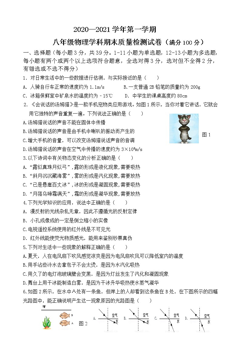 河北省秦皇岛市抚宁区2020-2021学年八年级上学期期末考试物理试题第1页