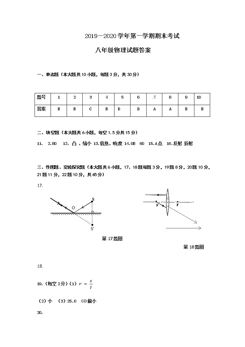 山东东营市垦利区2019-2020学年八年级上学期期末考试物理试题答案第1页