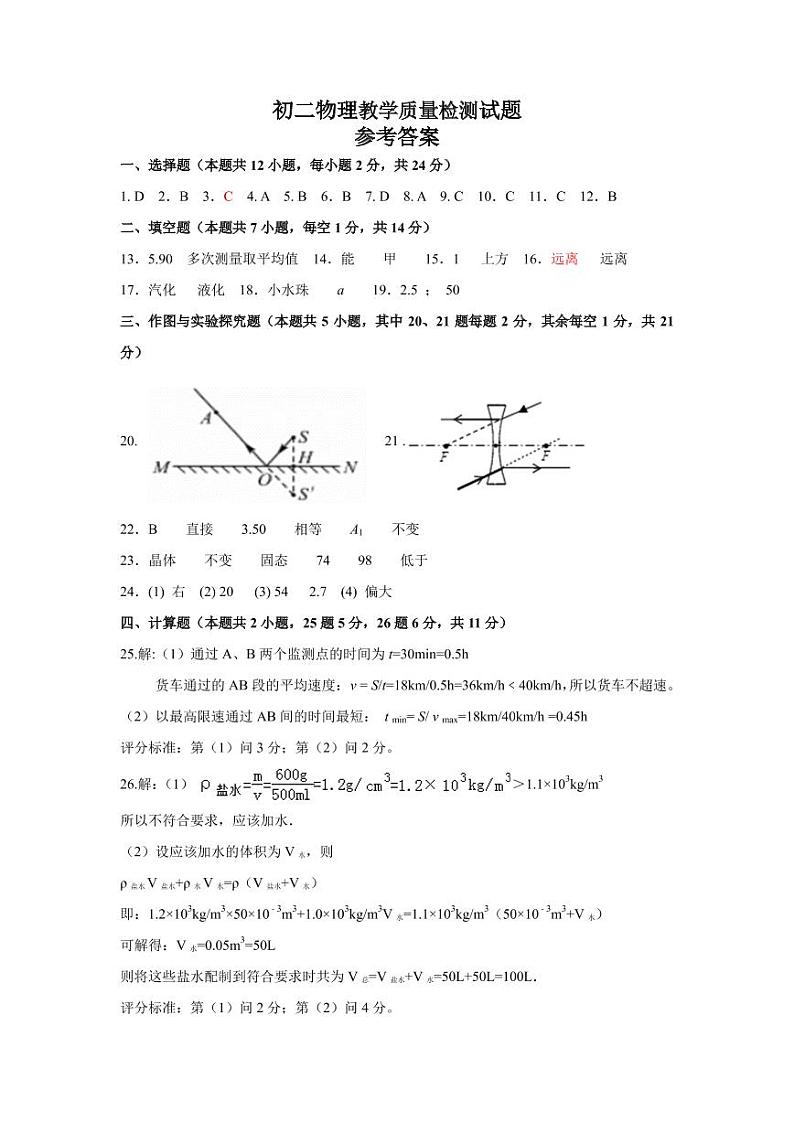 山东省菏泽市郓城县2020-2021学年八年级上学期期末考试物理试题01