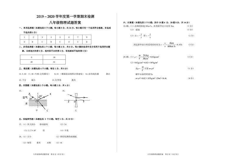 2019八年级物理答案第1页
