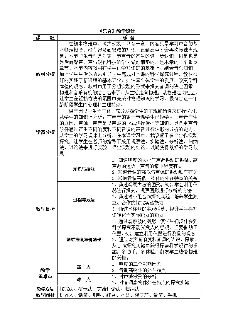 北师大版八年级上册 物理 教案 4.2乐音02