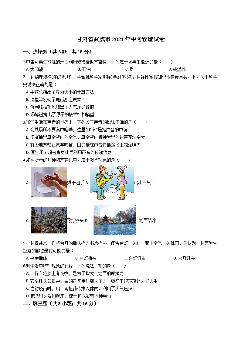 2021年甘肃省武威市中考物理真题试卷 (解析版)第1页