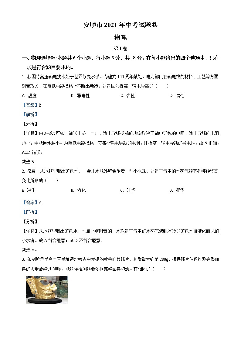 2021年贵州省安顺市中考理综物理试题（原卷+解析）01