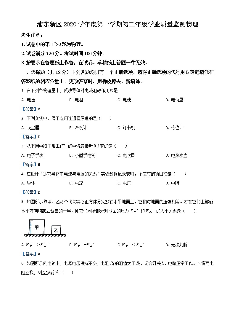 2021年上海市浦东新区中考一模物理试题（2020-2021学年度第一学期学业质量监测九年级物理试题）01