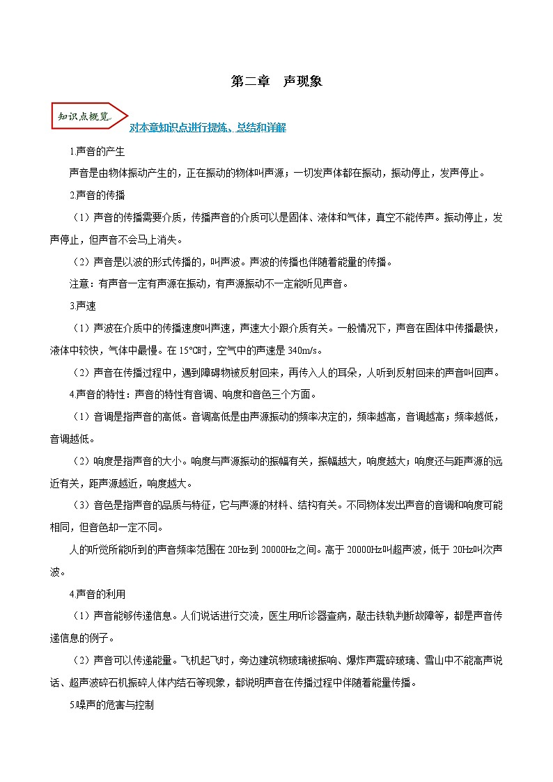 专题2.1 声现象（分章考点讲、析与提高）（原卷版）第1页
