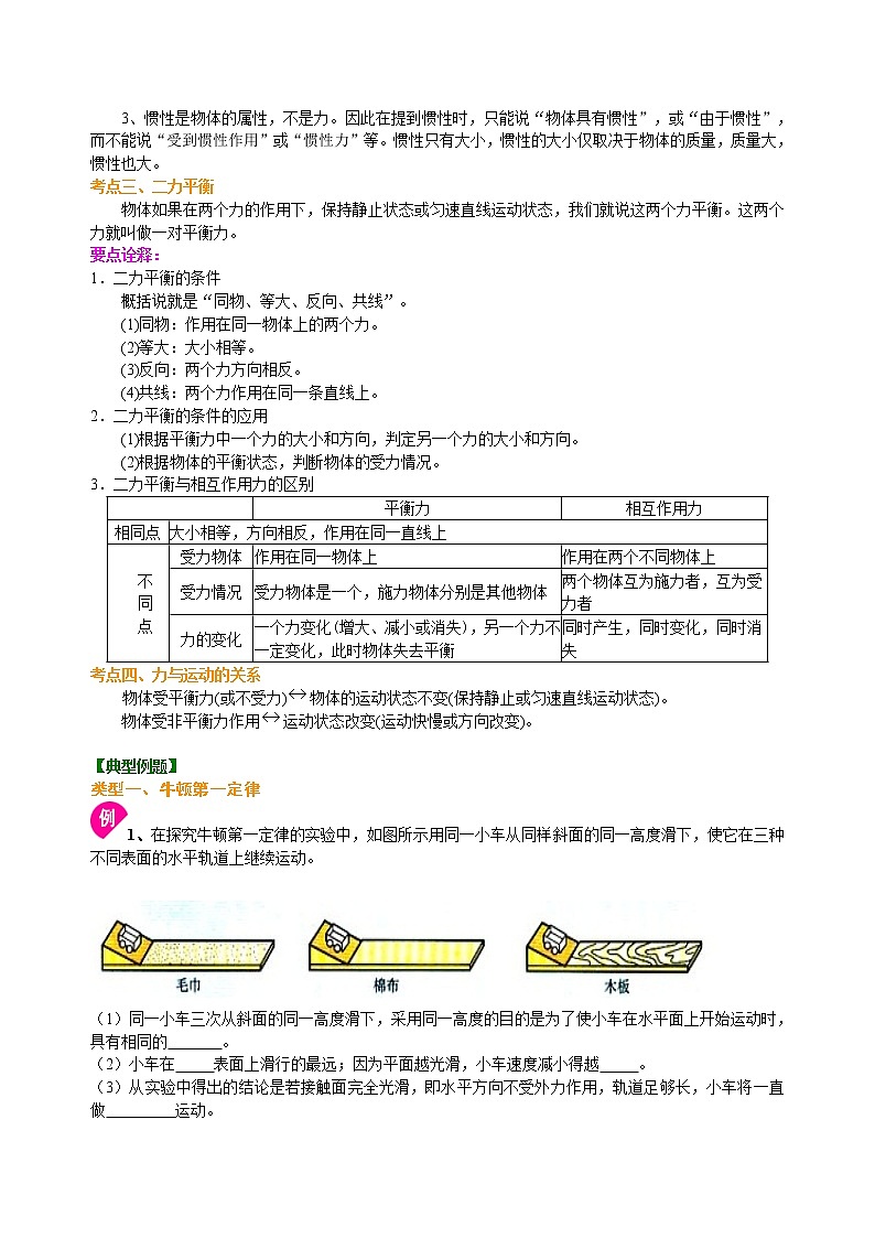 总复习：牛顿第一定律 二力平衡（提高）知识讲解 第2页