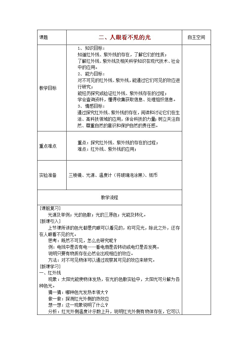 苏科版八年级上册物理 3.2 人眼看不见的光(3) 教案第1页