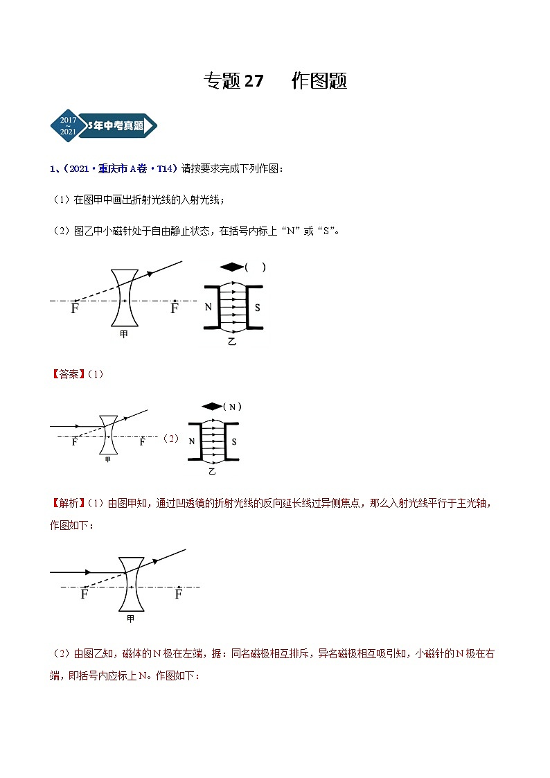 专题27 作图题-5年（2017-2021）中考1年模拟物理分项汇编（重庆专用）（解析版）第1页