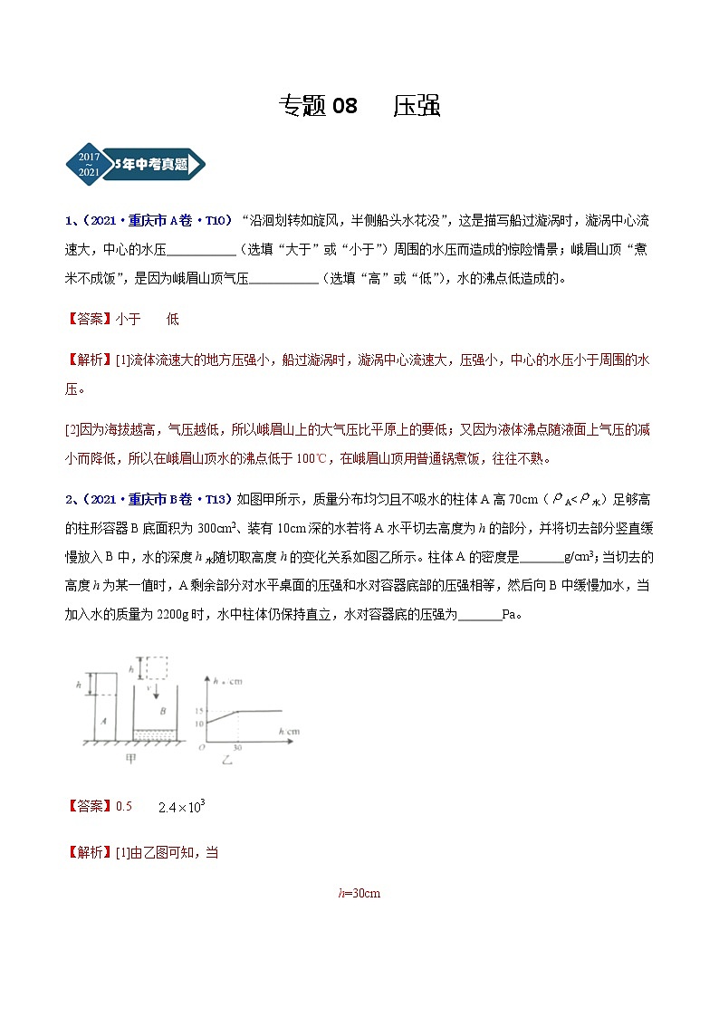 专题08 压强-5年（2017-2021）中考1年模拟物理分项汇编（重庆专用）（解析版）第1页