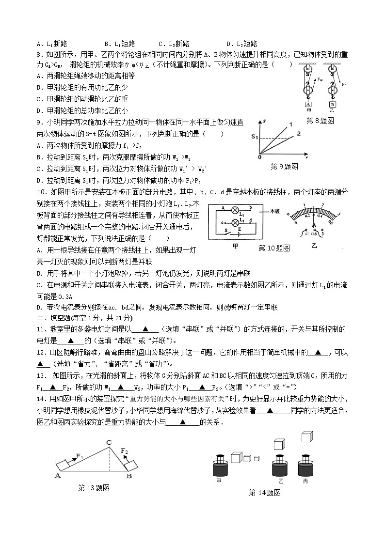 连云港市新海实验中学 2021-2022学年度第一学期物理 期中试题答案答题纸第2页