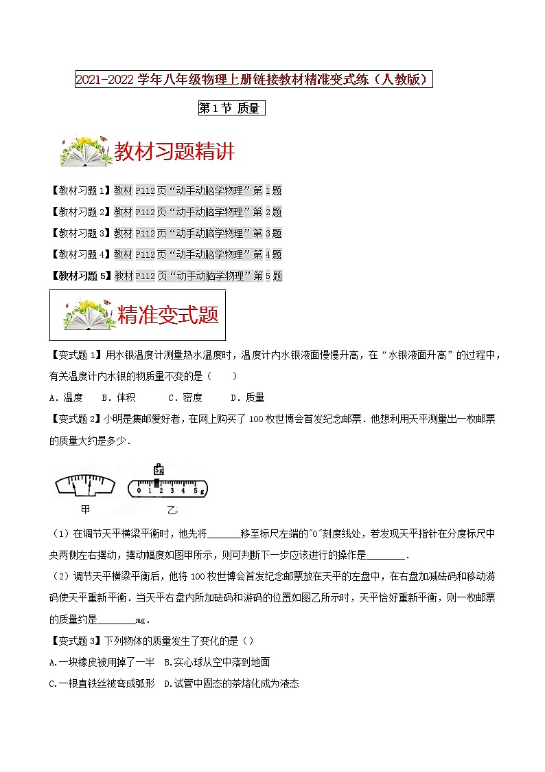 人教版八年级物理上册 第六章 《质量与密度》第1节 质量 （解析版+原卷版）期末复习试卷01